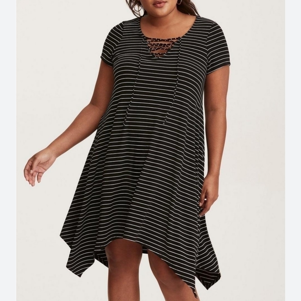 Torrid Black & White Striped Jersey Lace Up Trapeze Dress